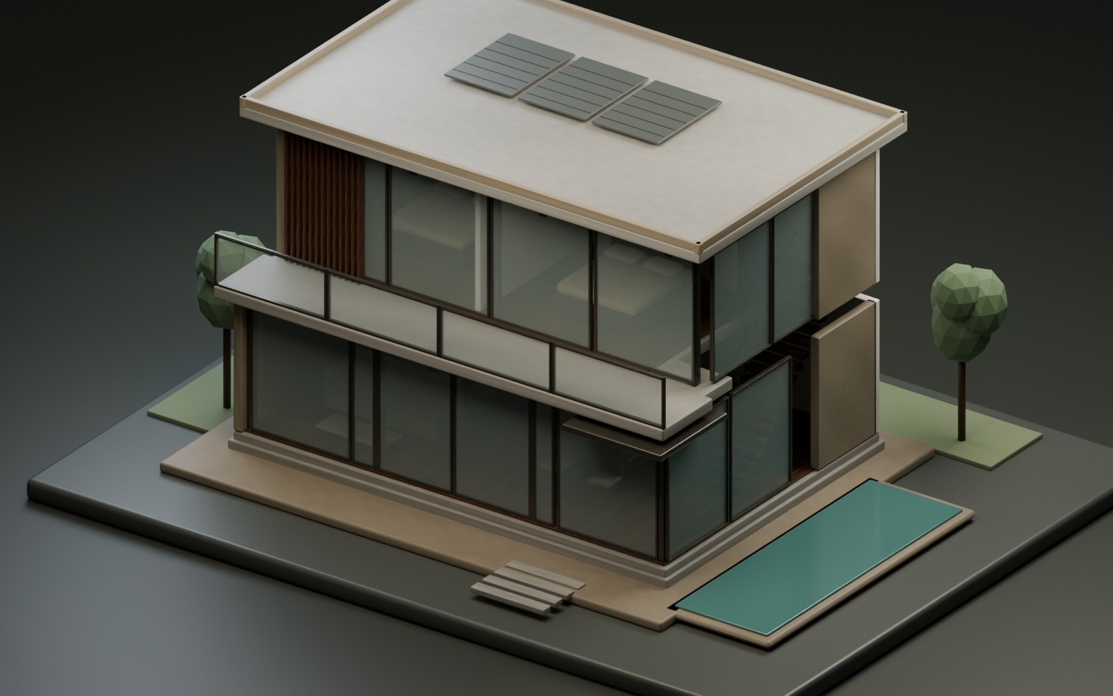 Contemporary two-storey villa with limestone walls, timber screens, glazed terraces and a reflecting pool